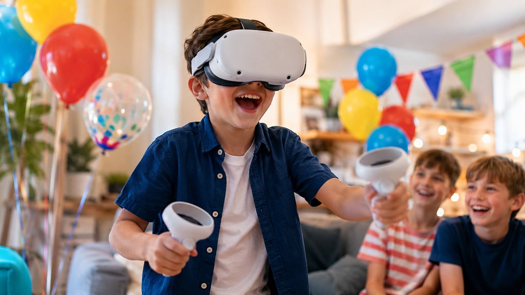 Ребёнок играет в VR-очки на празднике
