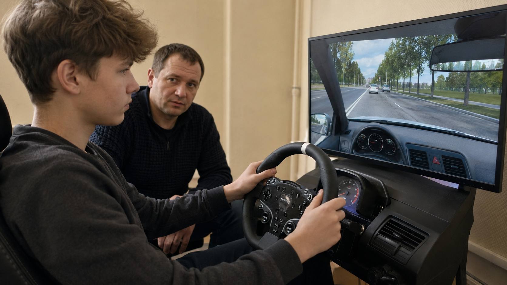 Руль Moza R3 перед экраном с гонкой